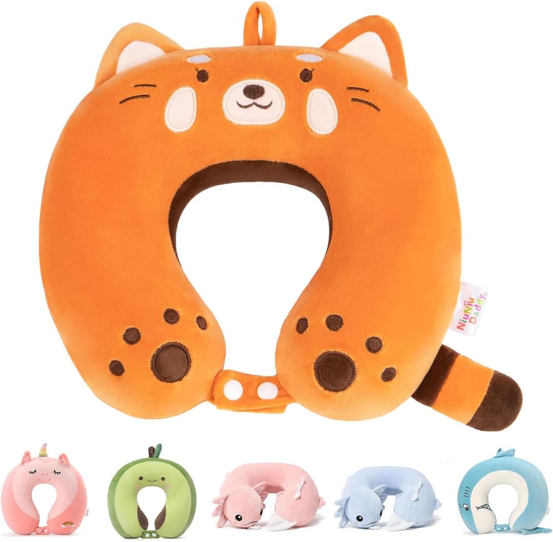 Niuniu Daddy Red Panda Kids Neck Travel Pillow for Traveling, Portable Memory Foam Neck Supportive Cervical Pillow for Long Flights Airplane, Car Headrest Sleeping for 3-8 Y/O Boys Girls Toddler