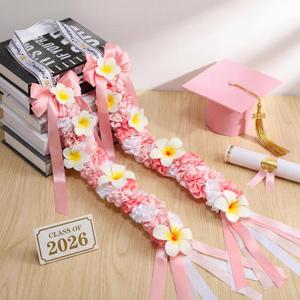 Suncalla Plumeria Graduation Lei 2026 Pink White Hawaiian Ribbon Graduation Braided Lei with Flowers for Adults Class of 2026 School College Student Congrats Grad Gifts Party Accessories