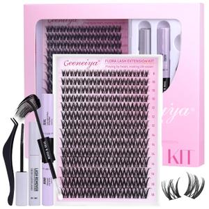 Geeneiya FLORA Lashes Clusters Kit DIY Lash Extension, 8-18MM Wispy Lash Clusters, Ultra-thin Band Eyelash Extension Kit with Waterproof Black Lash Bond and Seal, Lash Remover, Tweezers for Beginners