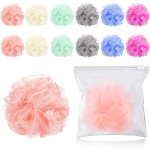 12 Pcs Travel Size Loofah Individually Wrapped, Small Shower Puff Bath Sponge Pouf Ball Bulk Mesh Bath Puff Mini Loofah Sponge with Case Bulk for Shower Care (25g,Colorful)