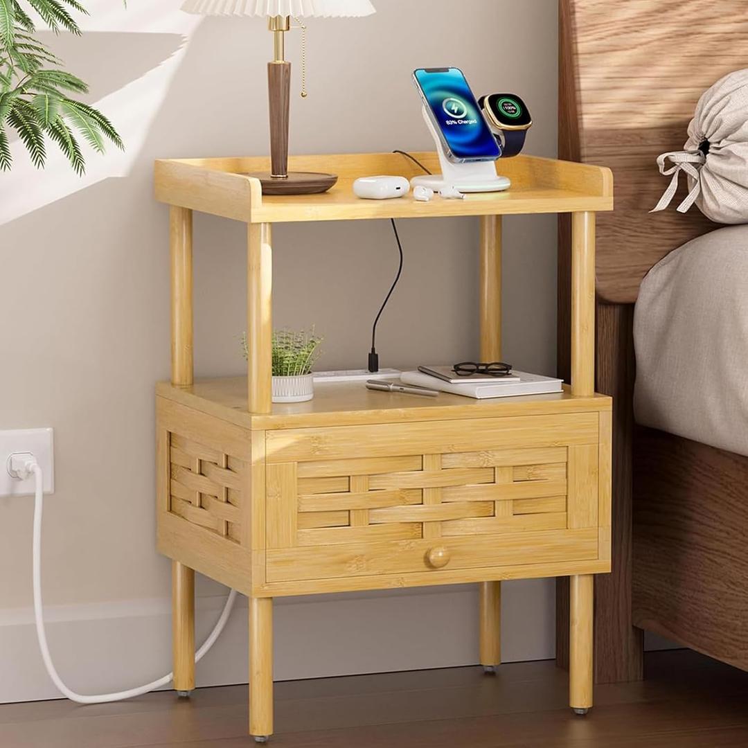 Amazer Bamboo Nightstand with Charging Station, Bedside Table with USB Ports & Outlets, End Table, Night Stand for Bedroom Lift-Up Drawer & Open Shelf, Natural Color
