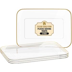 3 Pack Plastic Serving Trays for Party - Gold Serving Tray 8 x 11 Inch - Heavy Duty Dessert Trays for Food - Rectangular Party Serving Trays for Entertaining - Clear Cookie Platters