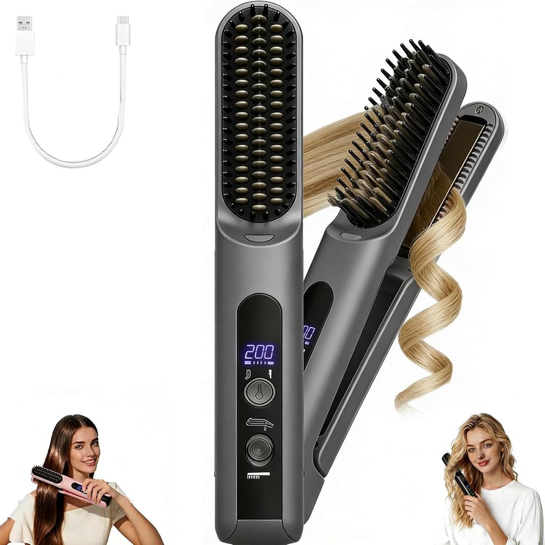 Cordless Hair Straightener Brush - Curler 2 in 1 Hair Styling ToolsPortable Rechargeable Battery-Powered for Travel with 4 Temperature Settings Removable for Easy Cleaning
