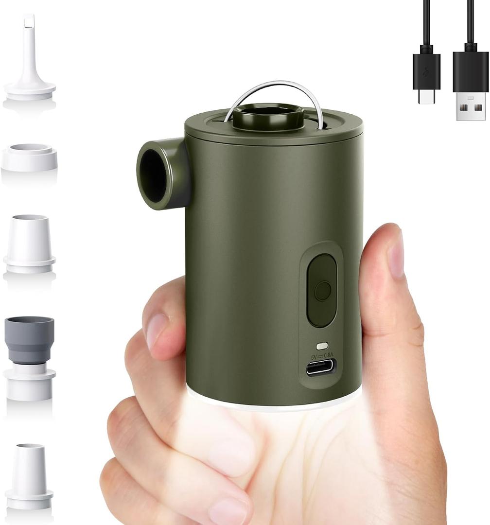 Portable Air Pump for Inflatables, Ultra-Mini Air Mattress Pump 4X with 1600mAh Battery & Camping Light, USB Rechargeable Air Pump for Swimming Rings, Pool Floats, Sleeping Pads, Vacuum Storage Bags (Green)