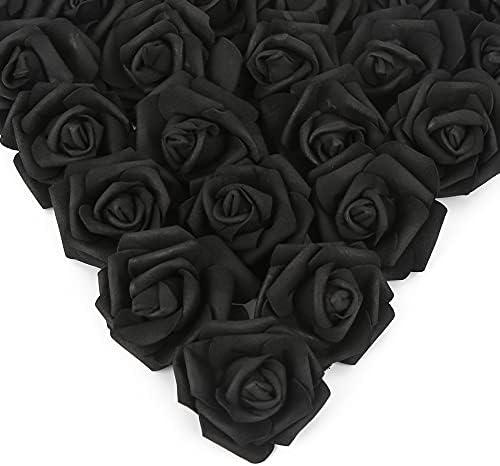 IPOPU Artificial Rose Flower Heads, 100 Pcs Real Looking Black Foam Fake Roses for DIY Wedding Baby Shower Centerpieces Arrangements Party Tables Home Decorations (Black, Stemless)