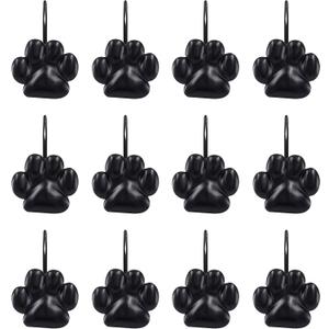 Sunlit Fashion Design Cute Paw Print Polished Shower Curtain Hooks for Dog Cat and Bear, Rust Proof Oil Metal Shower Curtain Rings, Black-12 Pack