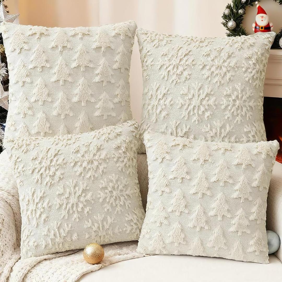 Christmas Tree Snowflake Pillow Covers 18x18 inch Set of 2 Double-Sided Beige Christmas Throw Pillow Cases Soft Plush Faux Fur for Winter Decoration Chair Sofa Bedroom Living Room Home Decor