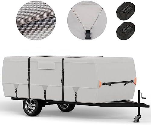 Tuszom True 900D Oxford Anti-Scratch Pop Up Camper Trailer Cover, Upgraded Waterproof Anti-UV Folding Camping RV Cover, Fit 8'-10' with 7 PCS Reinforced Windproof Straps for Motorhome