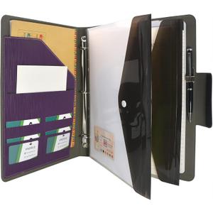 3-Ring Binder Padfolio with Whiteboard Clipboard and Expanded Document Bag, Padfolio Ring Binder Business Organizer Portfolio Case (Purple)