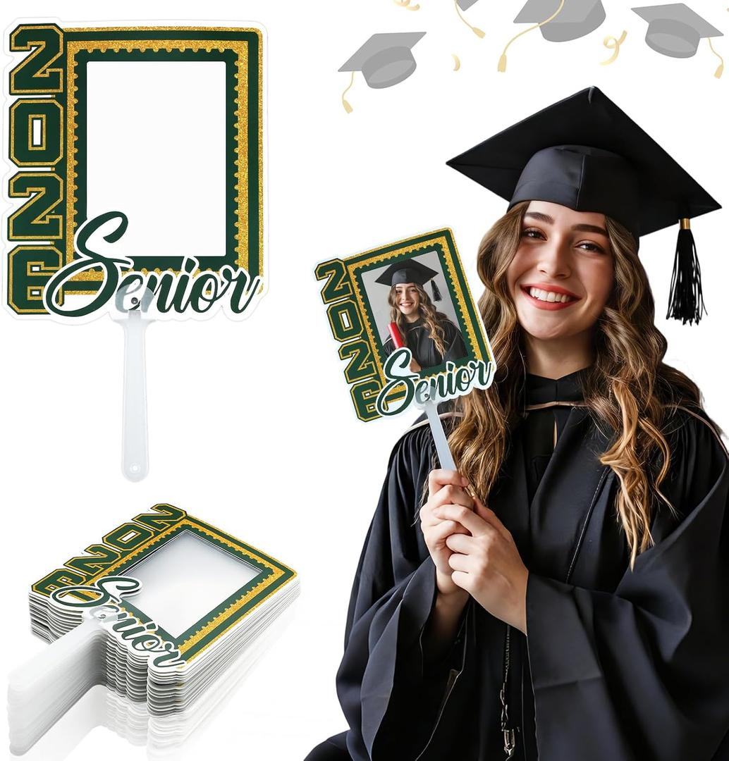 Junkin 24pcs Graduation Fans Custom Face Fans with Handle Double Sided Personalized Big Head Cutout on a Stick Class of 2026 Grad Photo Props Blank DIY Frame for Graduate Party Souvenirs(Forest Green)