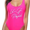 MIAIULIA Women's Retro 80s/90s Inspired High Cut Low Back Padding One Piece Swimwear Bathing Suits (Medium, Let's Get Physical Pink)