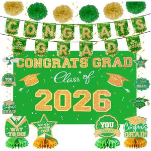 baotongle 18pcs Graduation Decorations Class of Grad Party Decor Pack Congrats Grad Banner and Graduation Backdrop Graduate Centerpieces Hanging Swirls Tissue Pom Poms Paper Flower Set(Green)