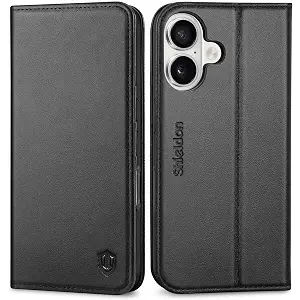 SHIELDON Genuine Leather Wallet Case for iPhone 17 6.3-inch 5G 2025 | Flip Magnetic Cover | Kickstand | RFID Blocking | 3 Credit Card Holder | Shockproof | Soft Inner Phone Case | Black