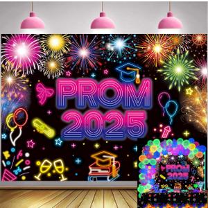 Neon Prom Backdrop 2025 Prom Night Photography Background 8x6FT Class of 2025 Congrats Grad Party Decorations Supplies Photo Props