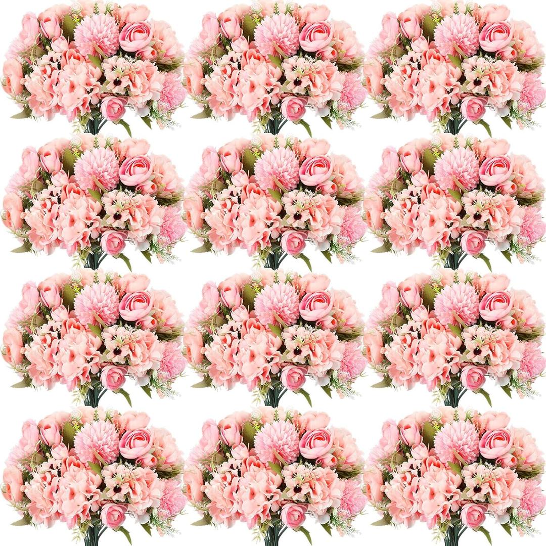 Tigeen 24 Bundles Peonies Artificial Flowers Faux Roses Silk Flowers Hydrangea Artificial Bouquet for Wedding Table Centerpiece Floral Vase Home Office Bridal Decor (Pink)