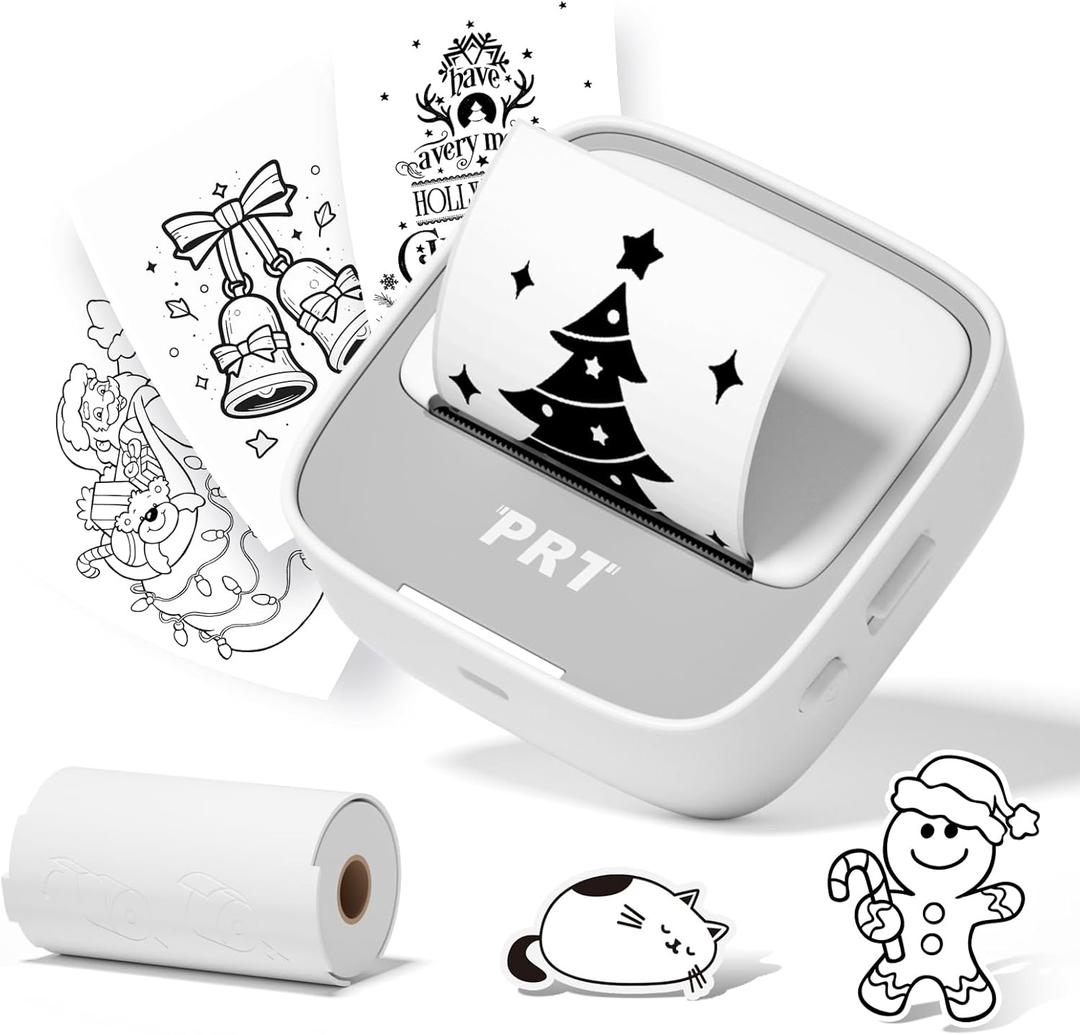 PRT Mini Sticker Printer, Portable Thermal Printer with 1 Roll Sticker Paper, Inkless Sticker Maker, Bluetooth Label Printer for Study Notes,Lists,Pictures,DIY Creations Small Printers for Home Use (Round-Grey)