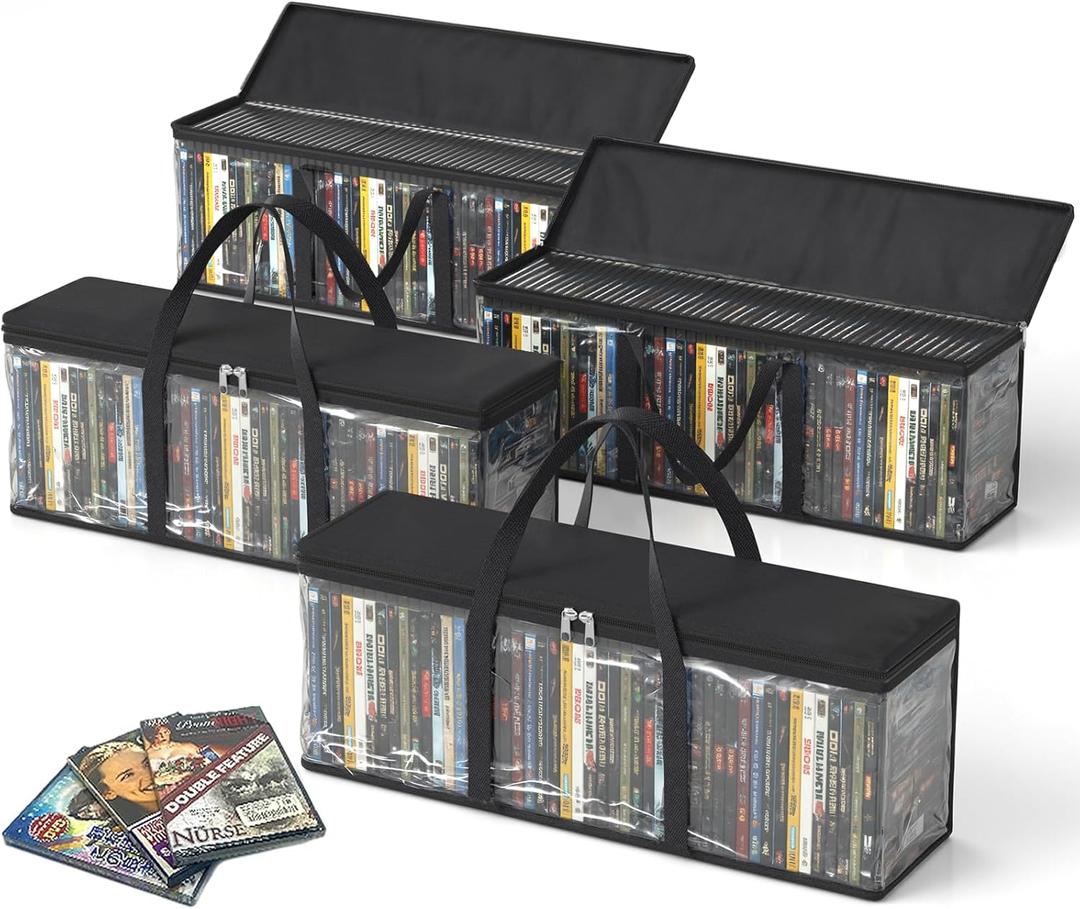 DVD Storage Bags, Media Organizer Bags for DVDs, CDs, Blu Ray Disc, Movie Cases, VHS Box, Video Game Disks, Albums, Books, Clear Plastic Holders with Carrying Handles (Black, 4Pack)