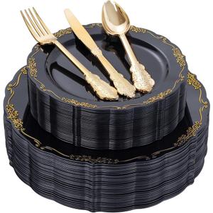 DaYammi 150Pcs Black Gold Plastic Plates & Plastic Silverware,Black Disposable Plates for Party Include 30 Dinner Plate,30 Dessert Plate,30 Knives,30 Forks,30 Spoons,black plates for New Year Wedding