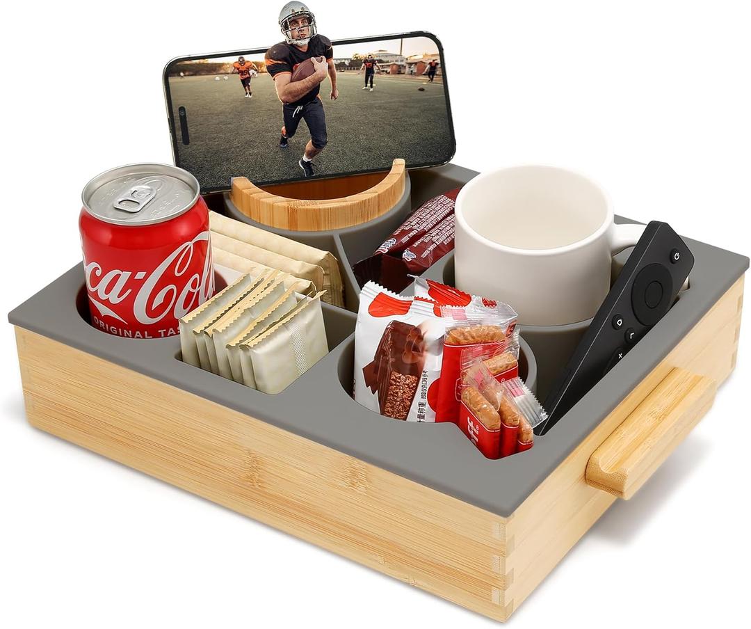 Nnewvante Couch Cup Holder, Bamboo Silicone Couch Caddy with 360 Rotating Phone Stand, Sofa Bed Organizer with Anti-Slip Pad,Snack Drink Holder with Carry Handle,12x10inch (12in, Dark Gray)