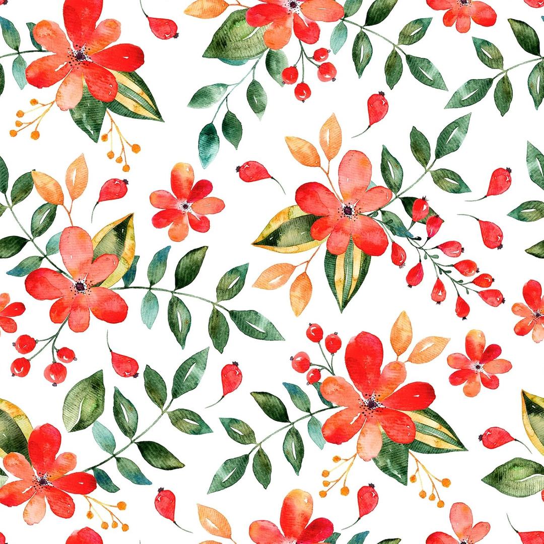 Red Green Floral Wallpaper Peel and Stick Botanical Leaf Flower Wallpaper for Bedroom Laundry Room Walls Removable Red Decorative Floral Contact Paper for Cabinets Drawers