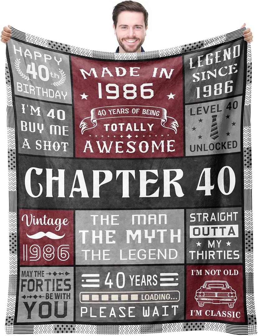40th Birthday Gifts For Men Blanket 50*60, Happy 40th Birthday Gift Ideas, Gifts For 40-Year-Old, Gifts For Men Turning 40, Funny 40th Birthday Decorations, Unique Birthday Present 1986 Throw