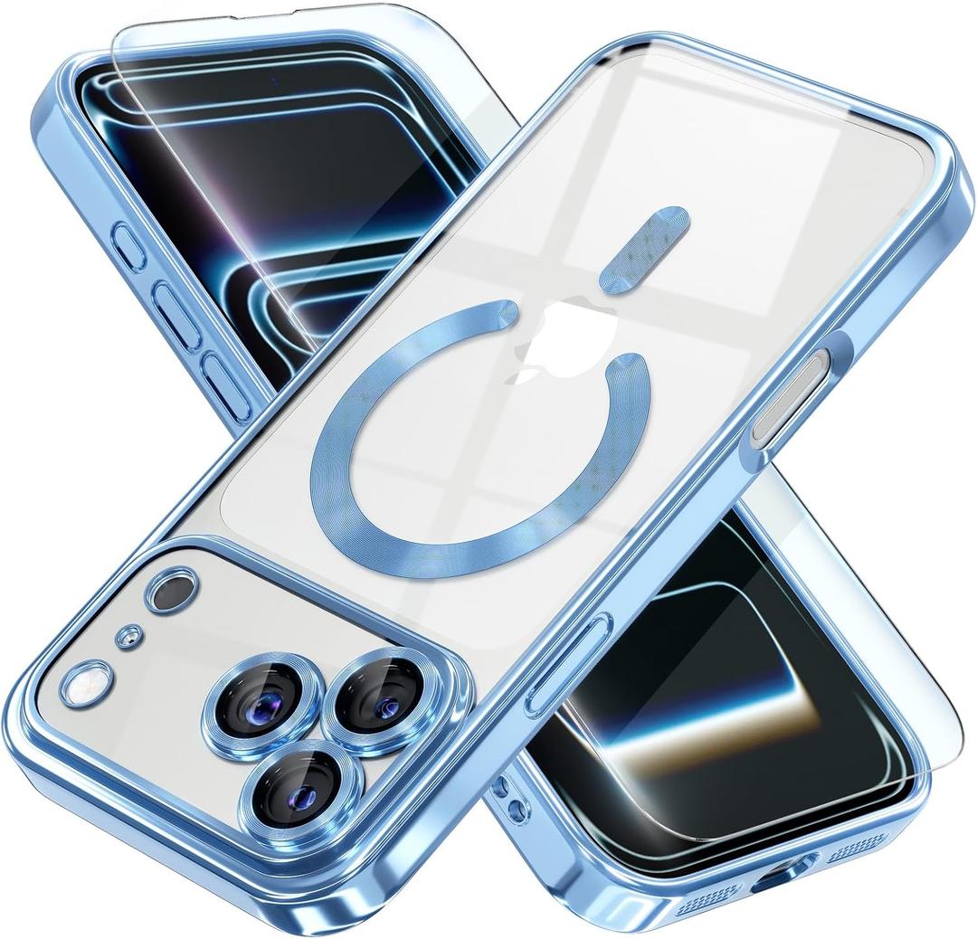 Misea Magnetic for iPhone 17 Pro Max Case Compatible with MagSafe [Never Yellowing] [Military Grade Drop Protection] Full Camera Lens Protector Plating Soft Clear Phone Case for Women, Sky Blue