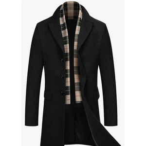 COOFANDY Men's Wool Blend Coat with Detachable Plaid Scarfs Notched Collar Single Breasted Pea Coat Trench Overcoat XL