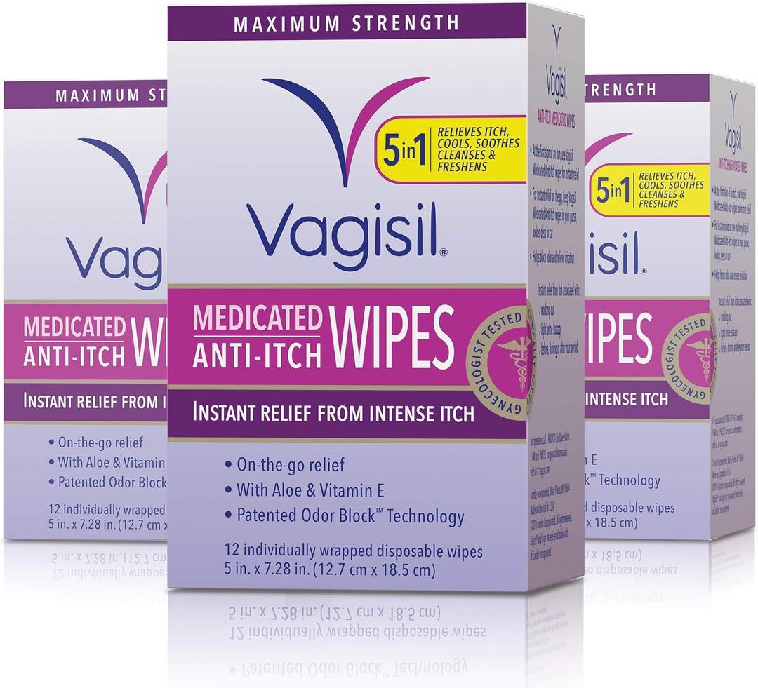Vagisil Anti-Itch Medicated Feminine Intimate Wipes for Women, Maximum Strength, Gynecologist Tested, 12 Wipes (Pack of 3)