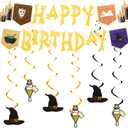 Remagr 13 Pcs Halloween Birthday Decorations Include Wizard Birthday Backdrop Banner and Magical Theme Wizard Hanging Swirl Decorations, Photoshoot Backdrop Foil Swirls Streamers for Party