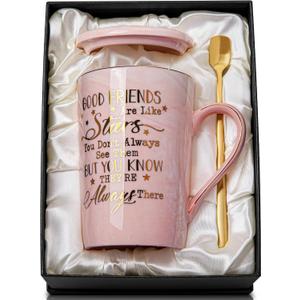 Best Friend Birthday Gifts for Women, Friendship Gifts for Women, Unique Birthday Valentines Day Gift Ideas for Her, Friends Female, Besties, BFF Ceramic Marble Coffee Mug Gift Box Printed Gold 14 oz (Pink)