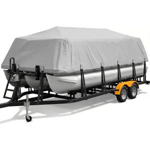 Pontoon Boat Cover 19-21 ft, 1200D Heavy Duty Waterproof Pontoon Cover with 14 Windproof Straps, Elastic Hem & Storage Bag, Fits 19 ft 20 ft 21 ft Pontoon Boats Up to 8 ft Beam, Gray