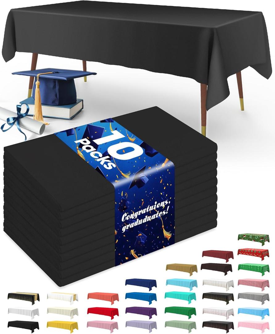 Pureegg Plastic Table Cloth Disposable 10 Pack, 54 x 108 Inch Table Cloths for Parties, Decorative Tablecloths for Rectangle Tables, Black Plastic Cover, Leakproof & Sturdy, Black (54" X 108" Rectangle)