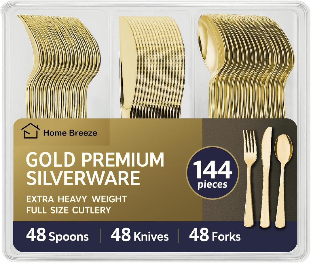 144 Pack Gold Premium Plastic Cutlery Disposable Silverware Set - 48 Forks, 48 Knives, 48 Spoons - For Catering, Parties, Dinners, Weddings, and Everyday Use, Plastic box packaging
