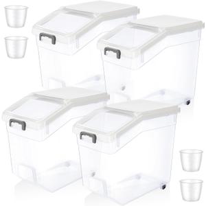 Sunnyray 4 Pcs Rice Storage Container 38 lb Flour Container with Wheels Measuring Cup Clear Pet Food Bin Dog Birds Cat Food Bin Grain Cereal Organizer Box for Dry Baking Supplies(White Lid)