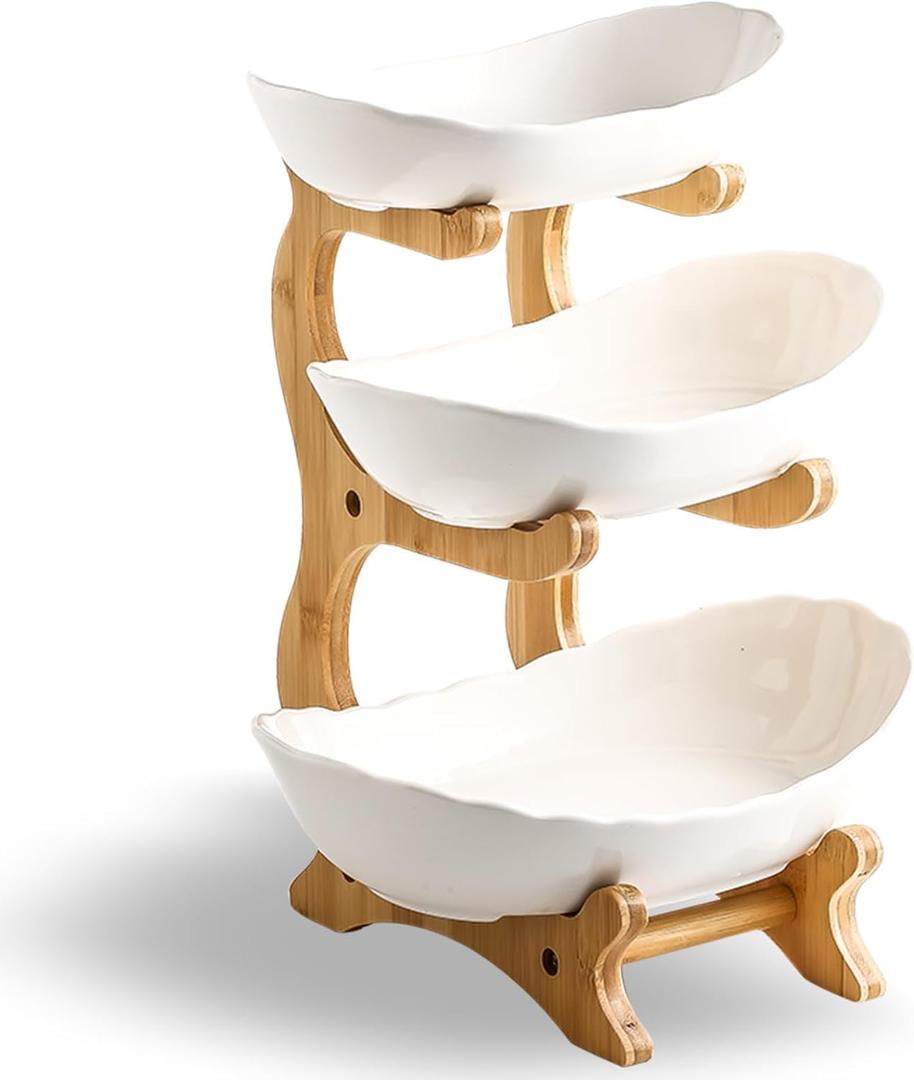3 Tier Ceramic Fruit Bowl for Kitchen Counter - Decorative Tiered Fruit Basket Holder Stand Organizer for Kitchen Countertop (White)
