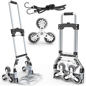 Stair Climbing Cart, 220 LBS Aluminum Stair Climber Dolly, Heavy Duty Folding Hand Truck Dolly with 6 Wheels, Telescoping Handle and Elastic Rope for Home, Moving, Groceries, Warehouse (Black Gray)