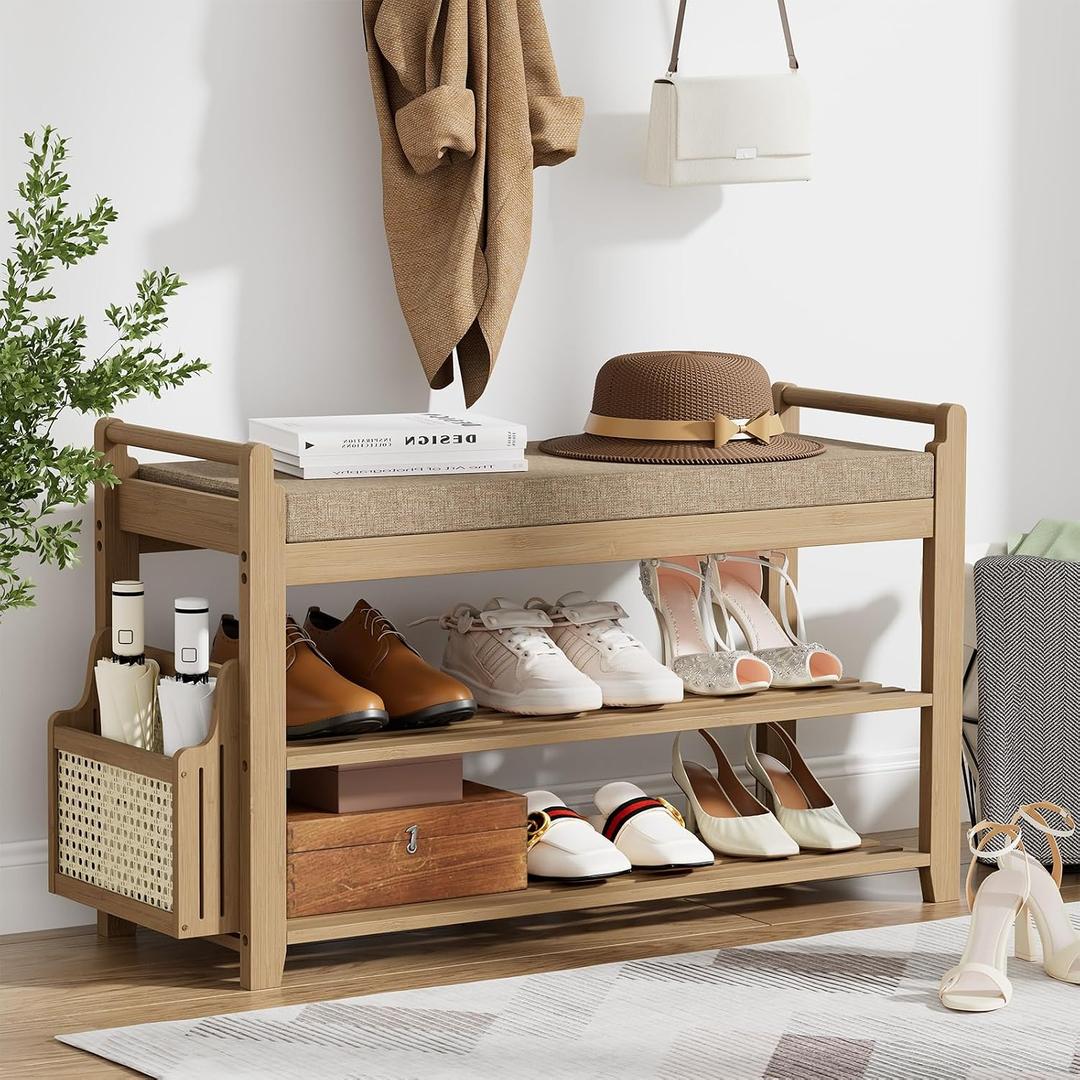 Homaxy 2-Tier Shoe Rack Bench, 31.5 in, Walnut and Light Brown | Bamboo Entryway Bench, with Side Holder, Shoe Rack Organizer with Cushion for Front Entrance, Hallway Living Room Bedroom
