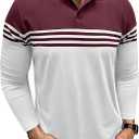 Men's Long Sleeve Polo Shirt Striped Cotton Moisture Wicking Classic Collared Casual Golf Shirts for Men (Red, XL)