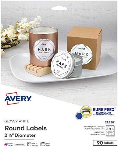 Avery Printable Round Labels with Sure Feed, 2.5" Diameter, Glossy White, 72 Customizable Labels