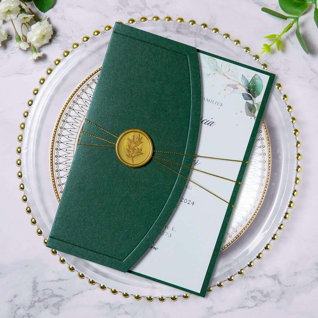 PONATIA 20PCS Wedding Invitation Cards Kits - 5x7 Wrap Pocket Invitation Cards with Envelopes, Gold Wax Seals, Ribbons For Weddings, Baby Shower, Birthday, XV Anos, Quinceanera Invitation (Emerald Green)