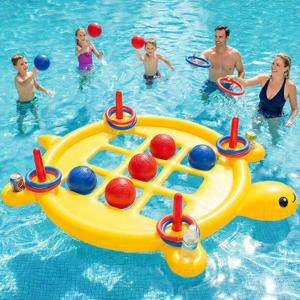 2 in 1 Pool Toys Games Set Inflatable Tic Tac Toe with 10 Balls & 10 Rings for Adults Teens Kids, Giant Floating Tic-Tac-Toe with Cup Holder, Ring Toss, Large Outdoor Yard Carnival Field Day Game 2 Pack