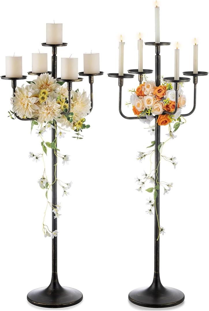 Romadedi Candelabra Tall Candle Holder - 47 inch Floor Candle Holders for Pillar Candles, Candlestick Holders Centerpiece for Home Living Room Decor, French Country, Vintage, Rustic, 2 pcs (Gold & Black)