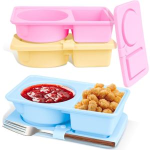 YOBEYI 3 PCS Silicone Snack Containers with Lids, Reusable Dual Compartment Salad Dressing Sauce Seasoning Container, Food Storage Boxes for Travel, Office, Picnic