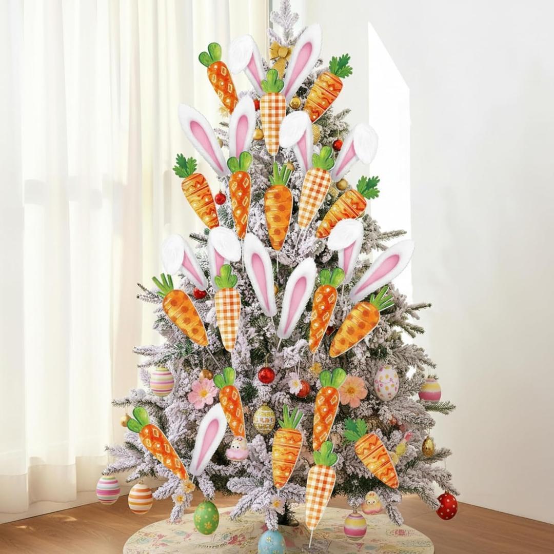 24 Pcs Large Easter Decorations Indoor Bunny Ears Carrot Easter Tree Picks Rabbit Decorations for Tree Topper Home Office Party Vase Decor (White Orange)