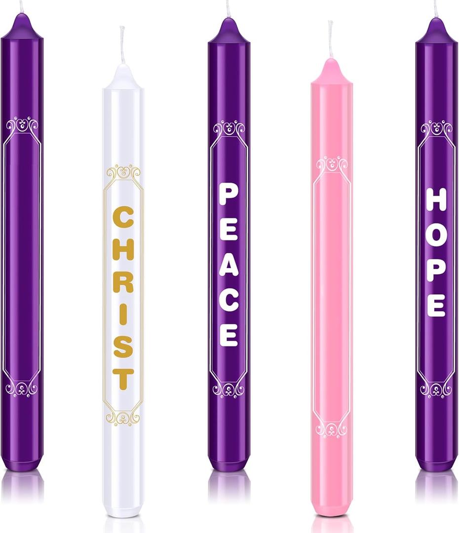 Tondiamo 5 Pieces Christmas Advent Candles with Words Christ, Peace, Joy, Hope White Advent Wreath Candlestick Christmas Advent Candle Taper Candles Purple Candle for Church Advent Wreath Decor