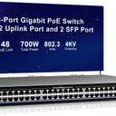 48 Port Gigabit PoE Switch with 2x1000Mbps Uplink, 2x1000Mbps SFP, GiGaPlus 48 Port IEEE802.3af/at PoE @700W, Support VLAN, Metal Housing, Desktop or Wall-Mount, Plug & Play
