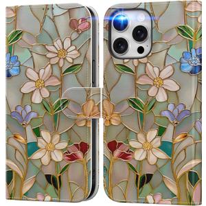 DEENAKIN for iPhone 15 Pro Wallet Case with Card Holder + Cash Clip, RFID-Blocking, Military-Grade Drop Protection & UV-Printed Artwork, Magnetic Closure with Leather Kickstand - Artistic Florals