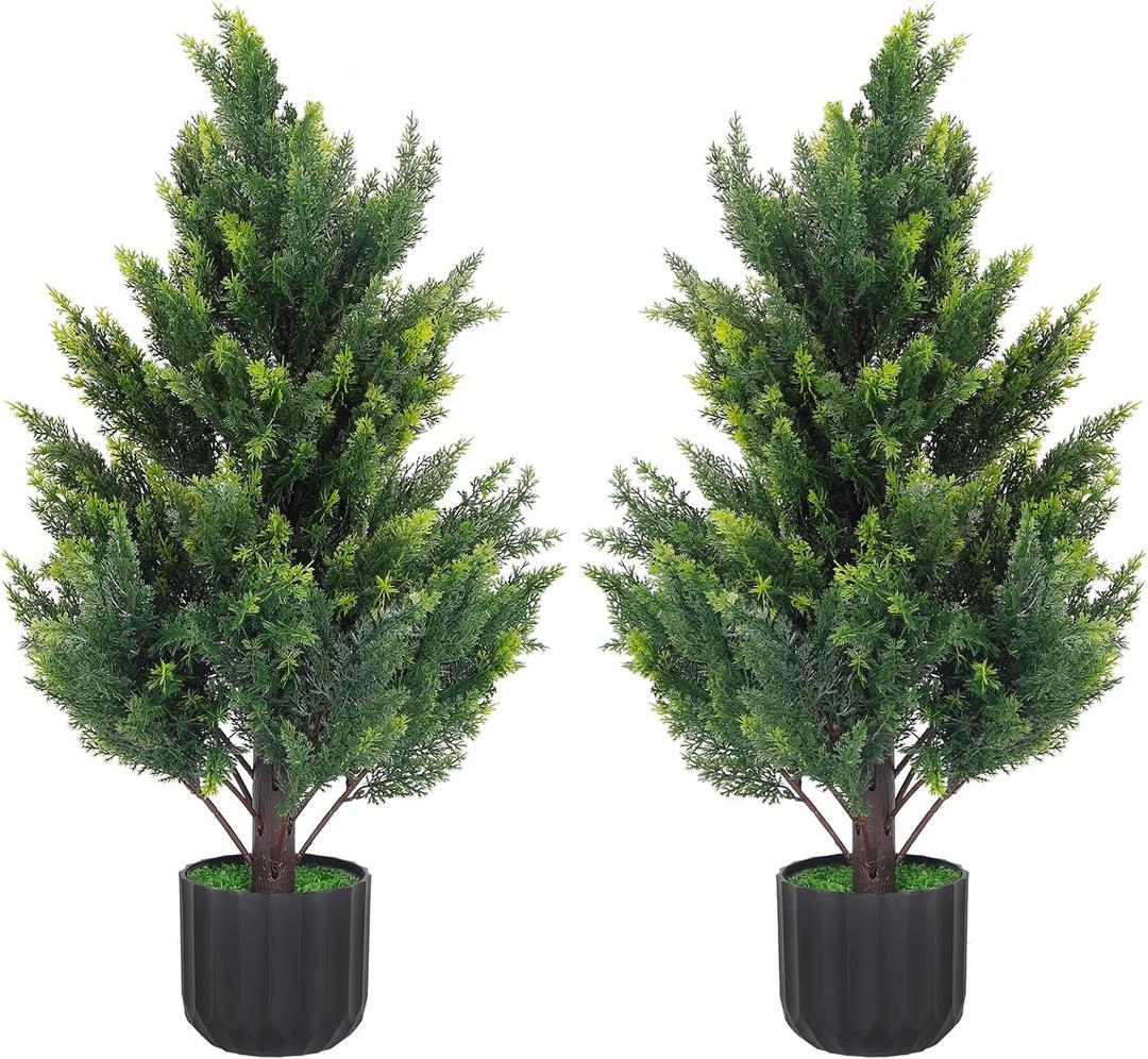 2.3FT Tall Artificial Cedar Topiary Trees Set of 2, Artificial UV Resistant Potted Plants, Faux Bushes Fake Shrubs for Outdoor Indoor Home Entryway Front Porch Garden Patio Offices Living Room Decor
