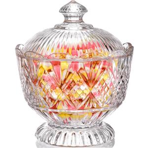 Lyellfe Glass Candy Dish with Lid, 40 Oz Large Clear Covered Cookie Bowl, Decorative Embossed Food Storage Container for Candy Buffet, Office Desk, Lead-free, Dishwasher Safe