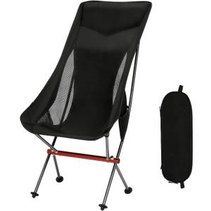 SHALLWE Camping Chairs, All Aluminum Frame Portable Folding Camp Chair for Adults, Heavy Duty High Back Collapsible with Built-in Pillow, Side Pocket, Carry Bag for Backpacking, Hiking, Beach (54cm Black)